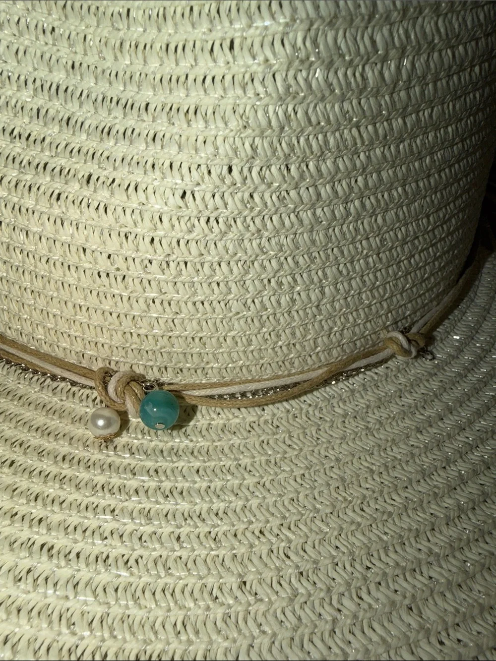ROYAL Ivory Beaded Silver Tone Chain Triple Cord Tie Coastal Boho Straw Sun Hat